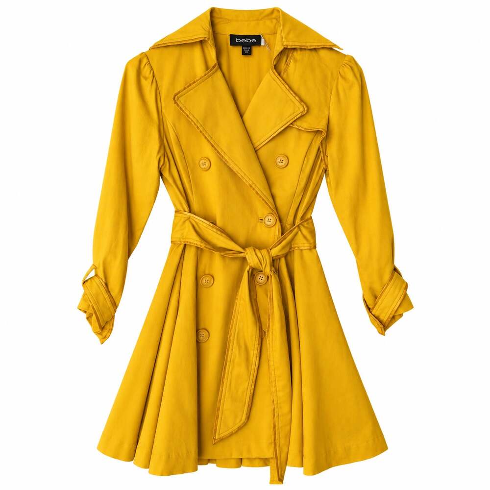 bebe Mustard Yellow Fit and Flare Trench Coat Belted Double Breasted XS